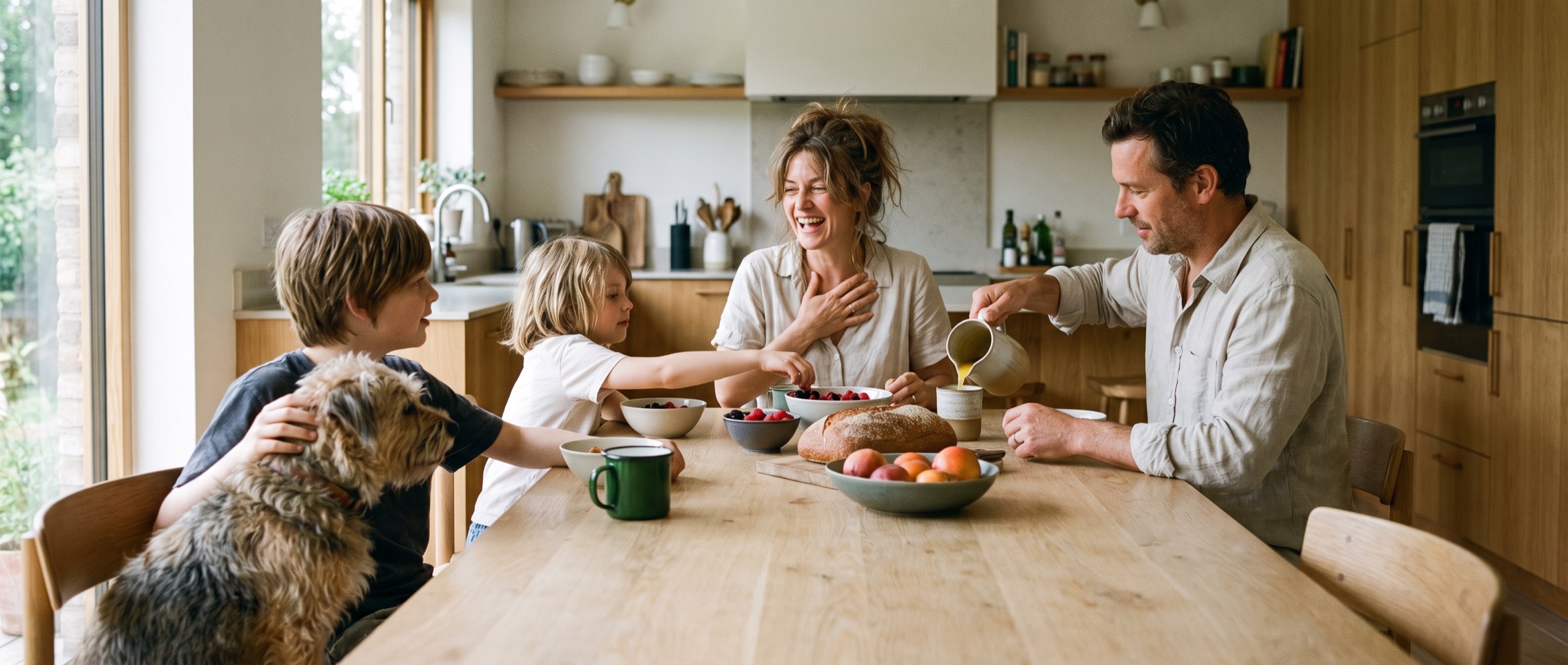 A family having breakfast together in a bright kitchen, one of them laughing, a dog beside the table